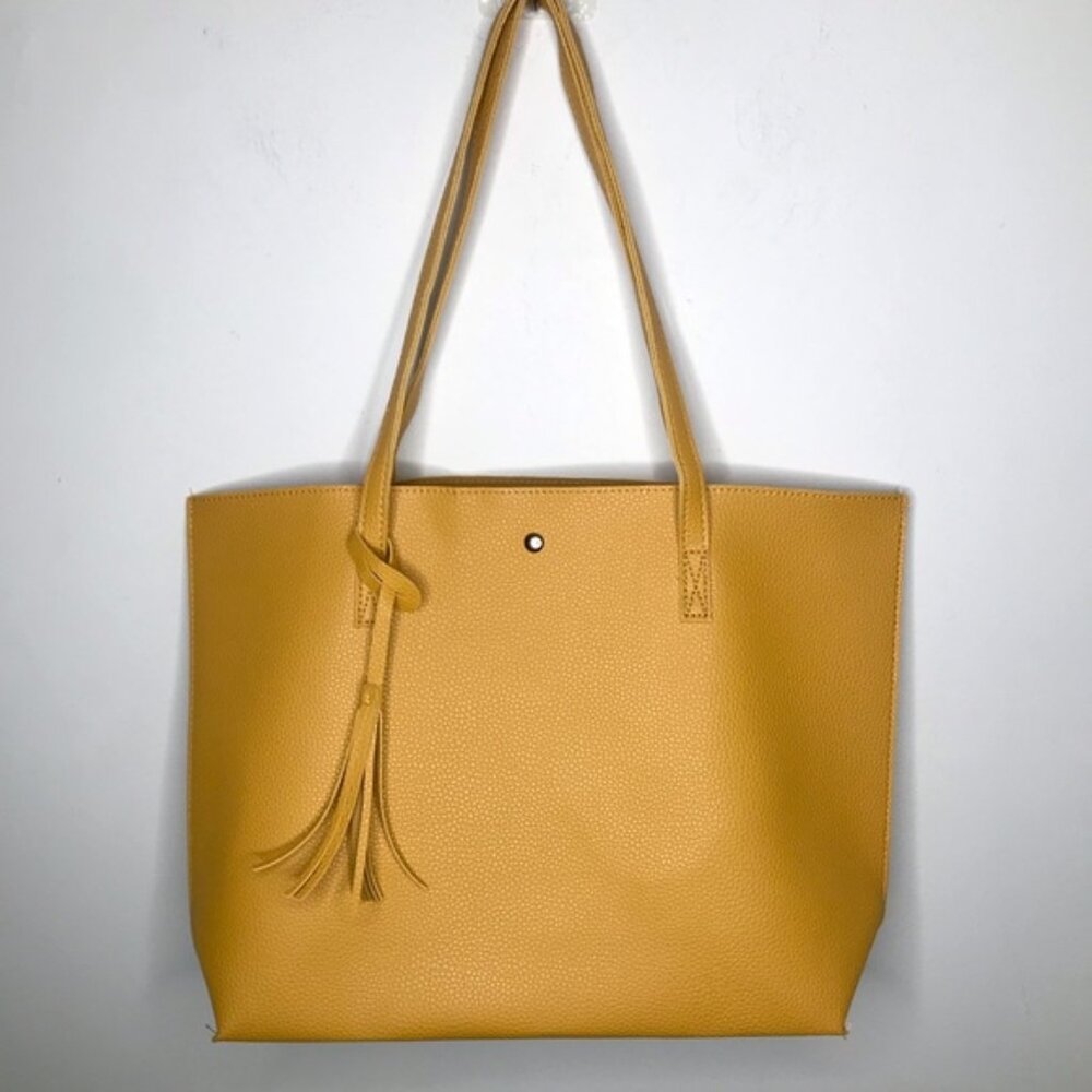 Mustard Pebble Yellow Shoulder Handbag Tote w/ Tassel